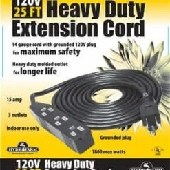 HydroFarm 3 Outlet Power Strip / Heavy Duty Extension Cord | 120V | 25'